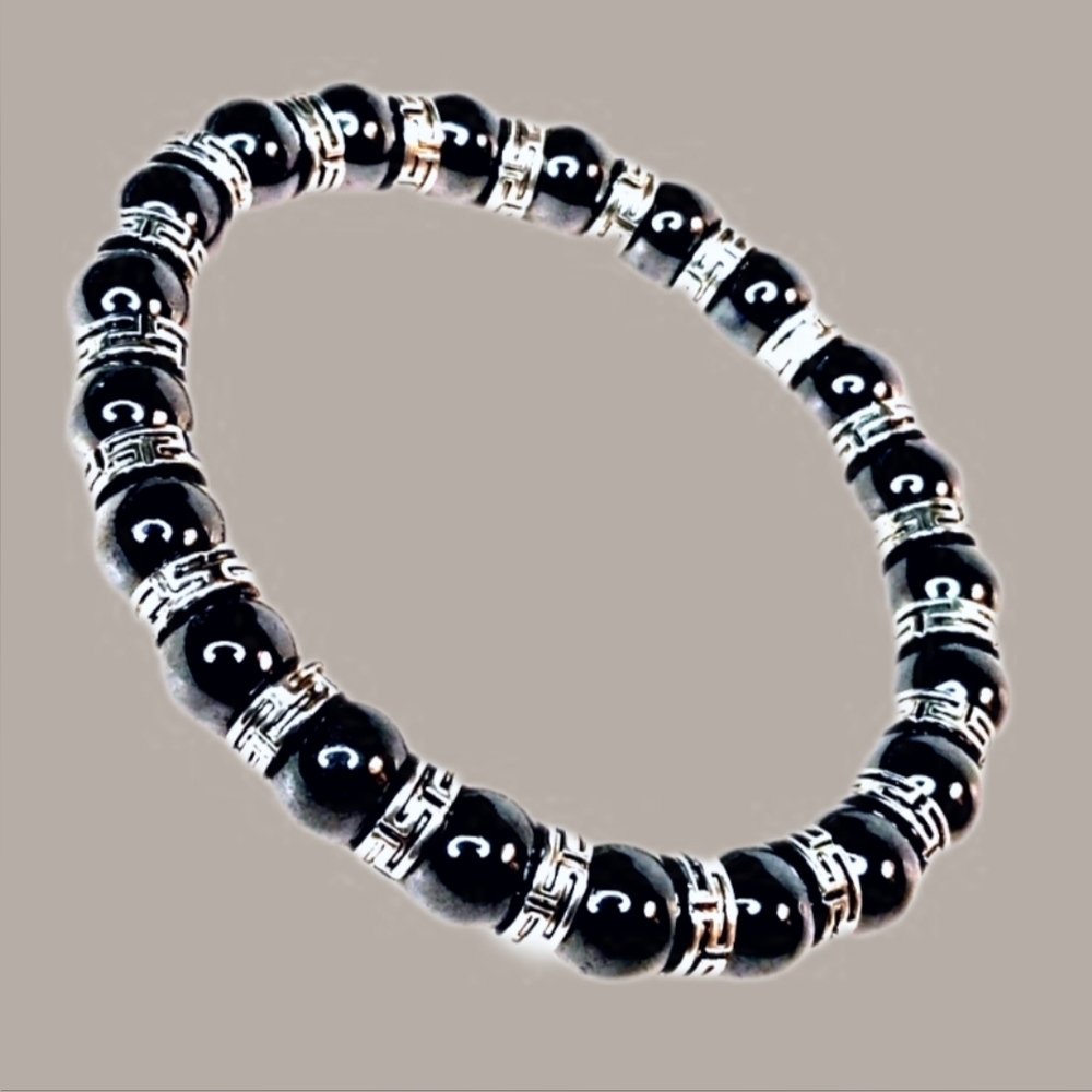 Handmade Black Magnetic Hematite/Silver Beaded Stretch Bracelet Boho Ethnic 7.5